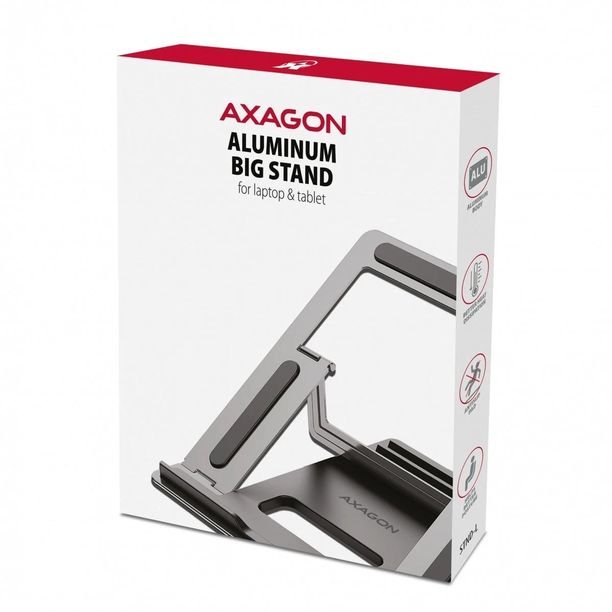 „Axagon STND-L“ nešiojamųjų kompiuterių stovas. Aliuminio stovas 10–16 colių nešiojamiesiems kompiuteriams. Keturios reguliuojamos padėtys.