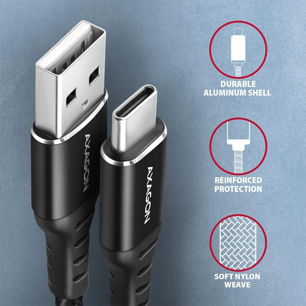 Axagon Data and charging USB 2.0 kabelio ilgis 1 m. 3A. Juodas braided.