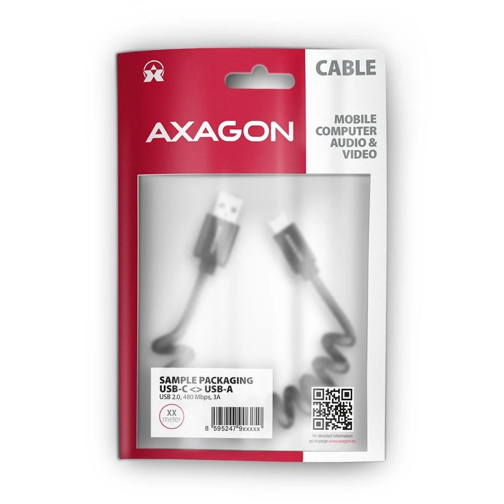 Axagon Data and charging USB 2.0 kabelio ilgis 1.1 m. 3A. Juodas twisted.