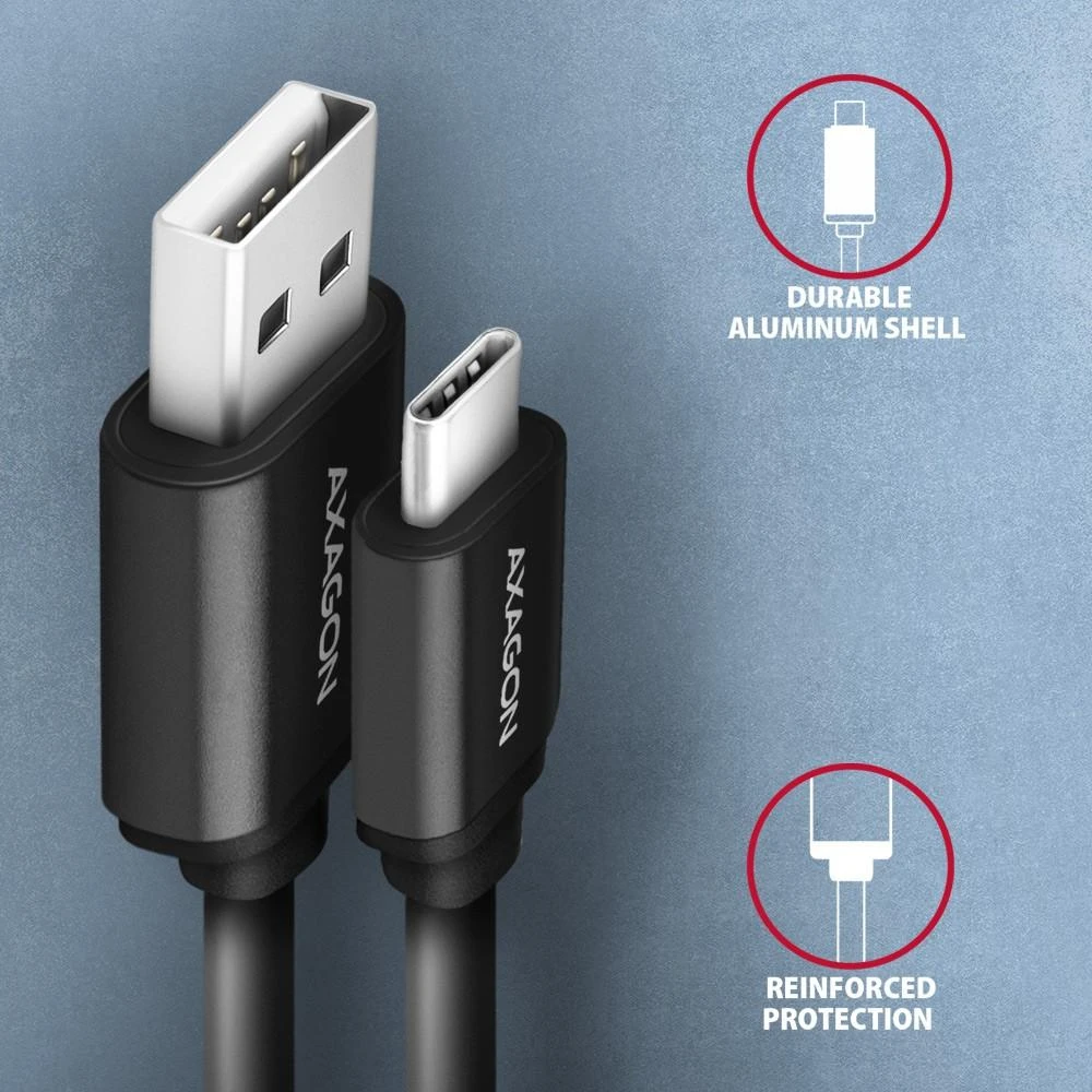 Axagon Data and charging USB 2.0 kabelio ilgis 1.1 m. 3A. Juodas twisted.