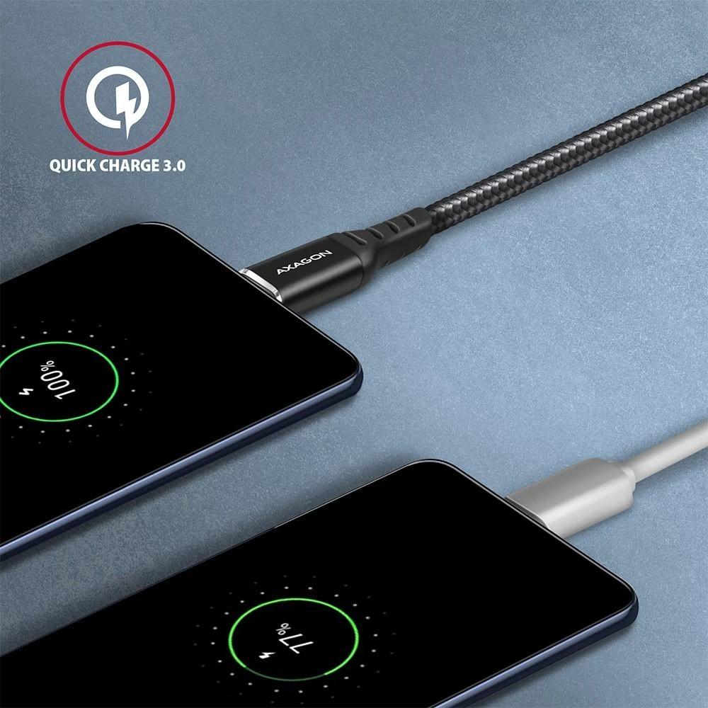 Axagon Data and charging USB 2.0 kabelio ilgis 2 m. 3A. Juodas braided.