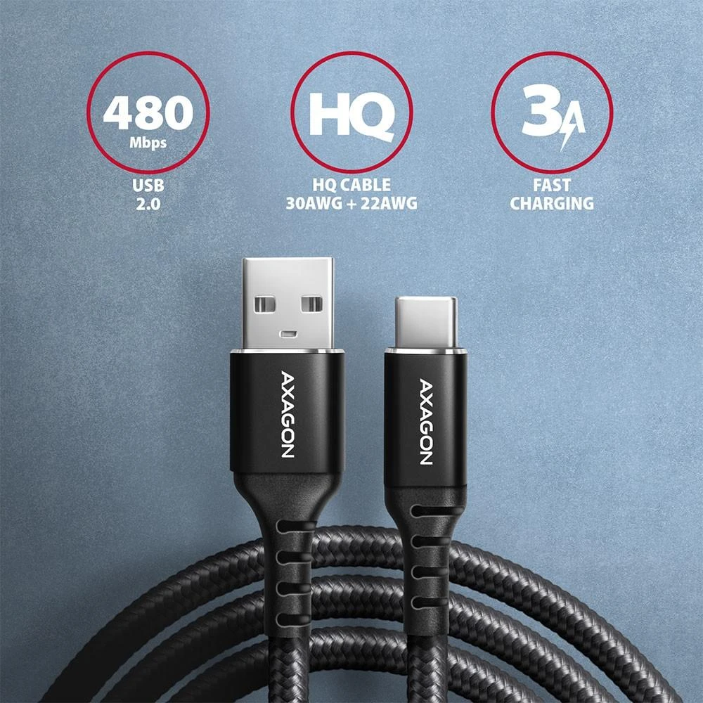 Axagon Data and charging USB 2.0 kabelio ilgis 2 m. 3A. Juodas braided.