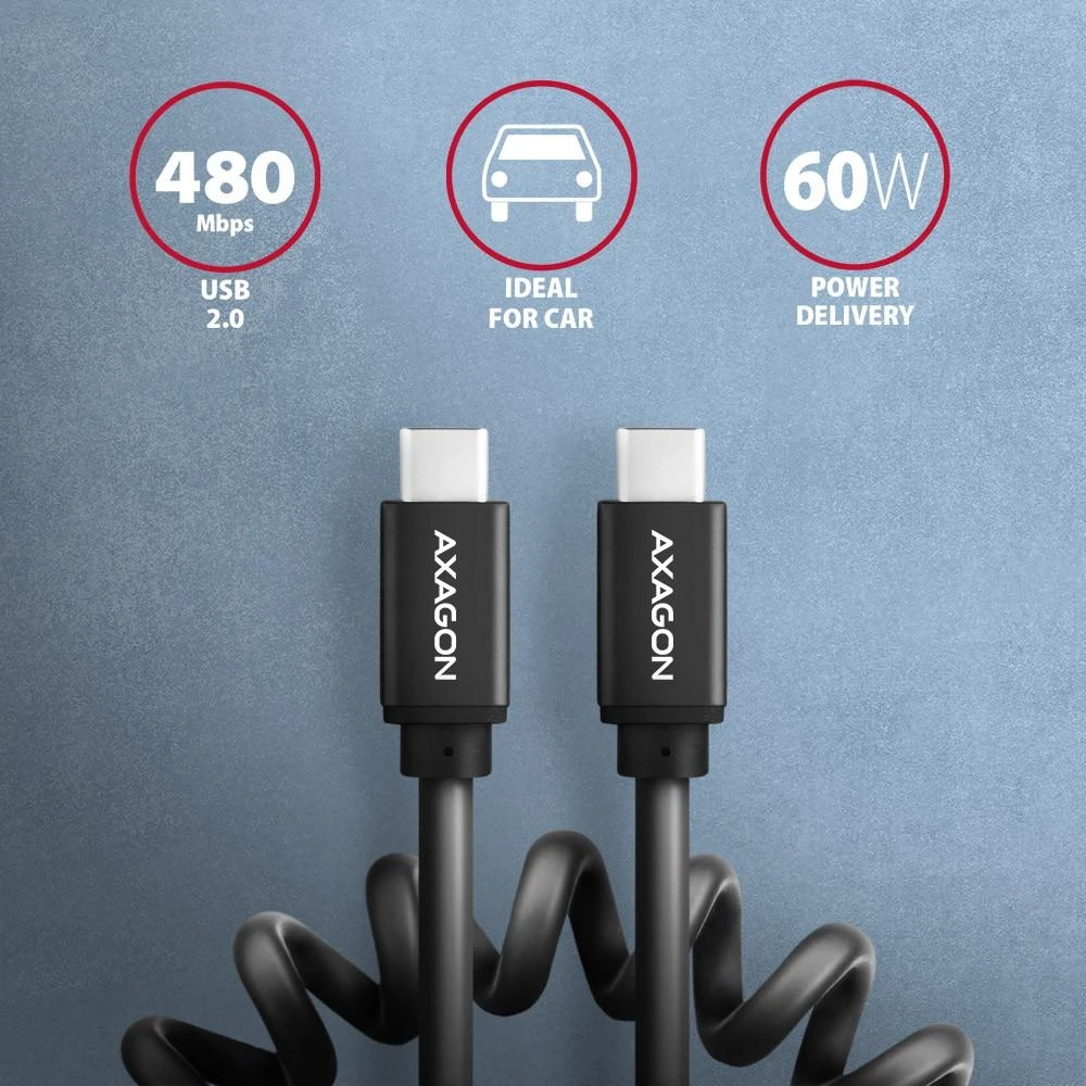 „Axagon“ duomenų ir įkrovimo USB 2.0 laidas, 1,1 m ilgio. PD 60W, 3A. Juodas susisuko.
