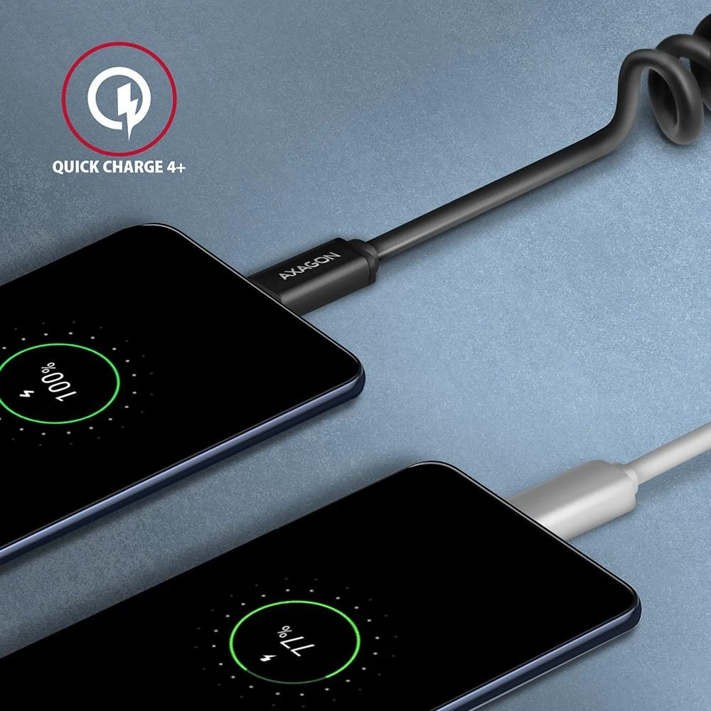 „Axagon“ duomenų ir įkrovimo USB 2.0 laidas, 1,1 m ilgio. PD 60W, 3A. Juodas susisuko.