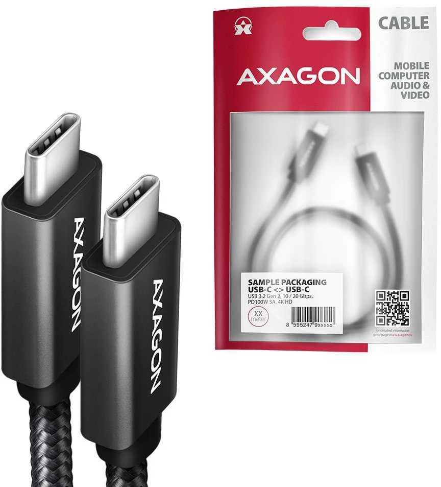 AXAGON BUCM32-CM15AB laidas USB-C <-> USB-C 3.2 Gen 2, 1.5m, PD 100W, 5A, 4K HD, ALU, pintas, Juodas