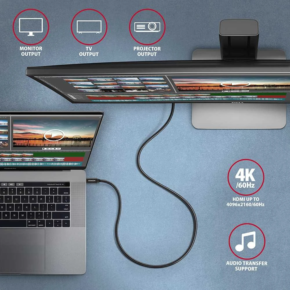 AXAGON BUCM32-CM15AB laidas USB-C <-> USB-C 3.2 Gen 2, 1.5m, PD 100W, 5A, 4K HD, ALU, pintas, Juodas