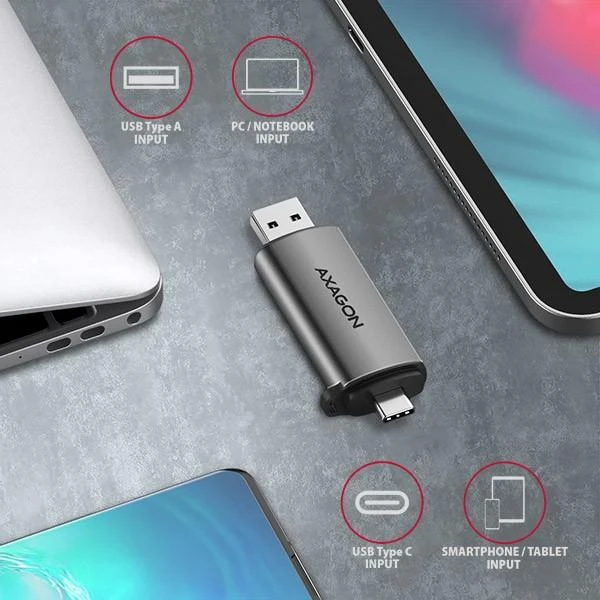 AXAGON CRE-SAC išorinis USB 3.2 Gen1 Type-C+Type-A 2 lizdų SD / Micro SD