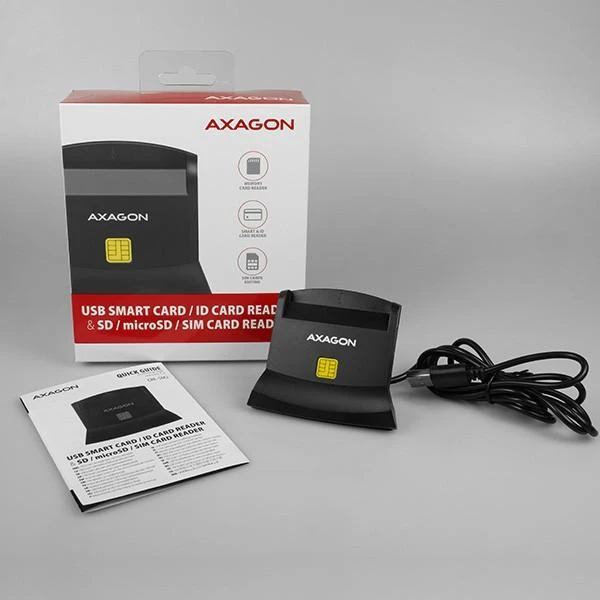 Axagon stalinio stovo skaitytuvas Išmanioji kortelė / ID kortelė AXAGON CRE-SM2 su USB 2.0 sąsaja turi SD, Micro SD ir SIM kortelių lizdus.
