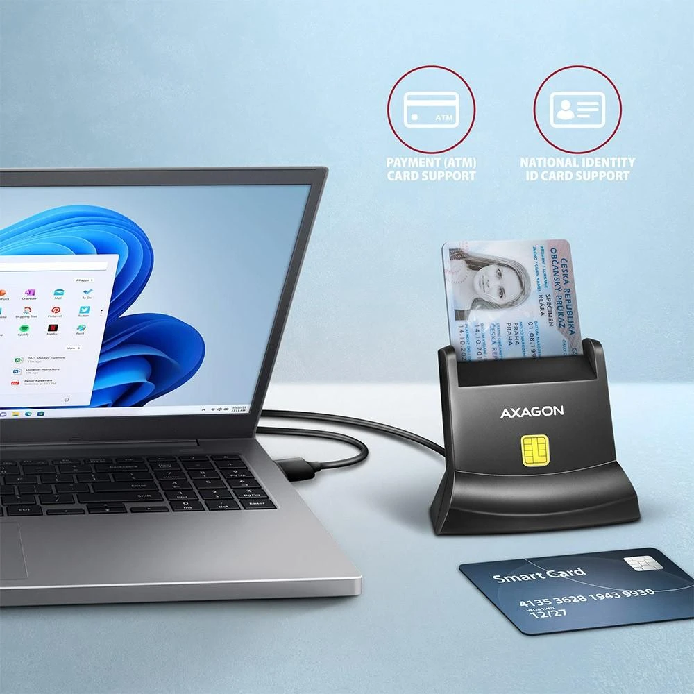 Axagon Universalus stalinis USB kontaktas Smart/ID kortelių skaitytuvas su ilgu USB-A laidu.