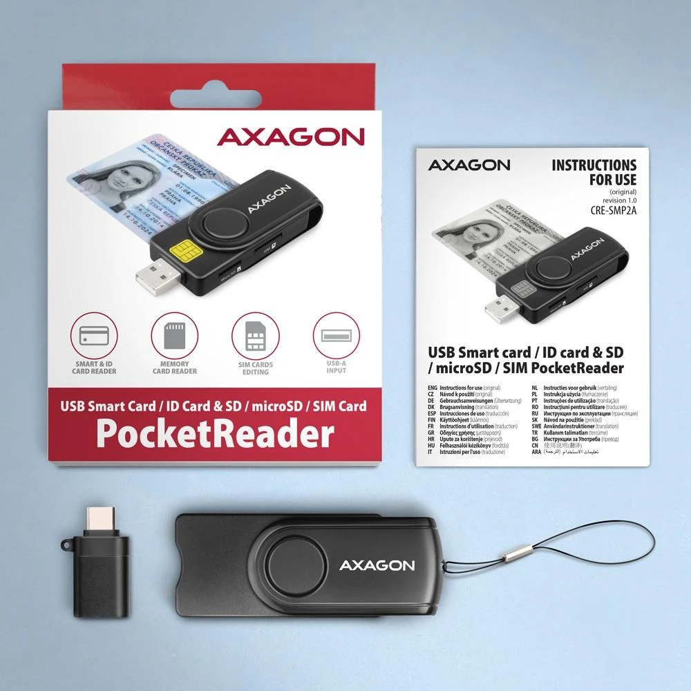 Axagon Compact Travel USB-A + USB-C kontaktas Smart / ID kortelė ir SD / Micro SD / SIM kortelių skaitytuvas.