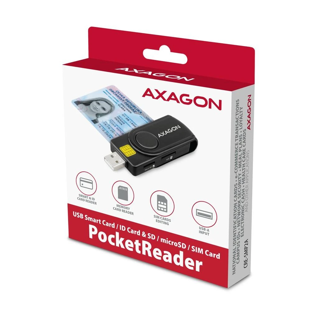Axagon Compact Travel USB-A + USB-C kontaktas Smart / ID kortelė ir SD / Micro SD / SIM kortelių skaitytuvas.