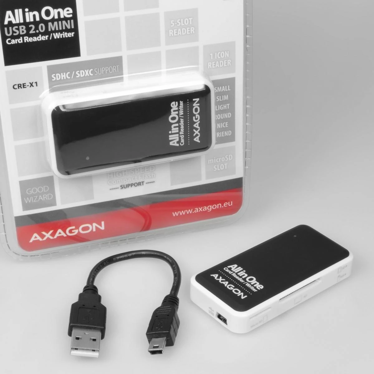 AXAGON CRE-X1 išorinis mini kortelių skaitytuvas, 5 lizdų „Viskas viename“.