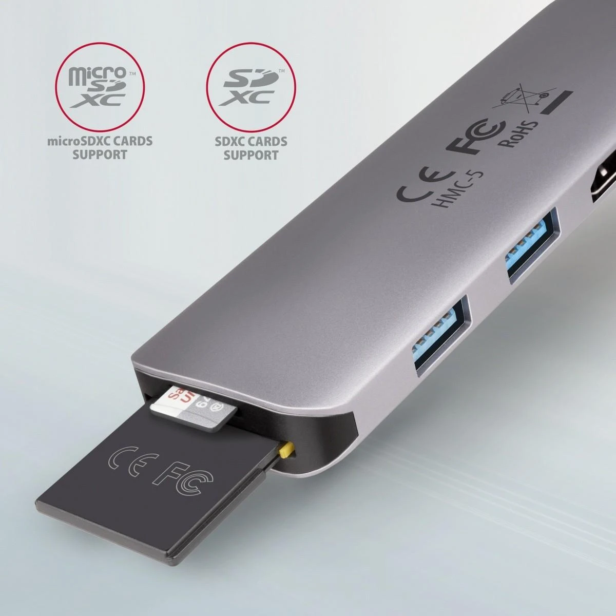 Axagon Multiport USB 3.2 Gen 1 šakotuvas. HDMI, kortelių skaitytuvas ir maitinimo tiekimas. 20 cm USB-C laidas.