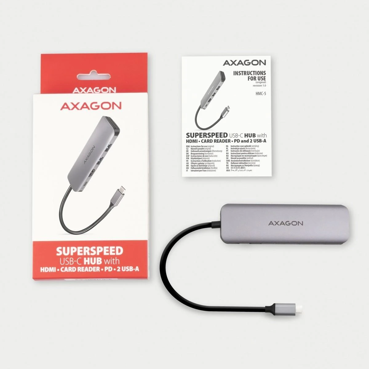 Axagon Multiport USB 3.2 Gen 1 šakotuvas. HDMI, kortelių skaitytuvas ir maitinimo tiekimas. 20 cm USB-C laidas.