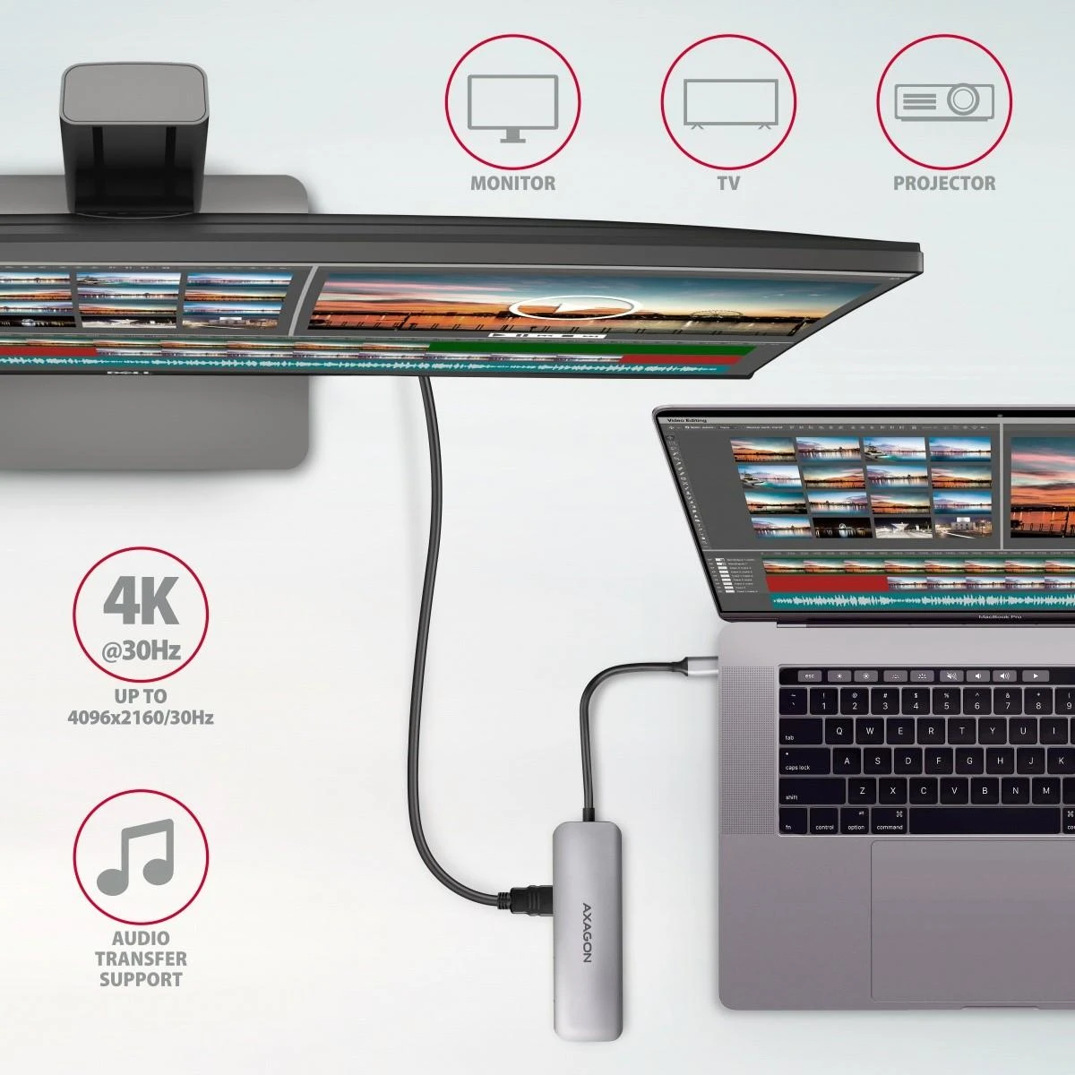 Axagon Multiport USB 3.2 Gen 1 šakotuvas. HDMI, kortelių skaitytuvas ir maitinimo tiekimas. 20 cm USB-C laidas.