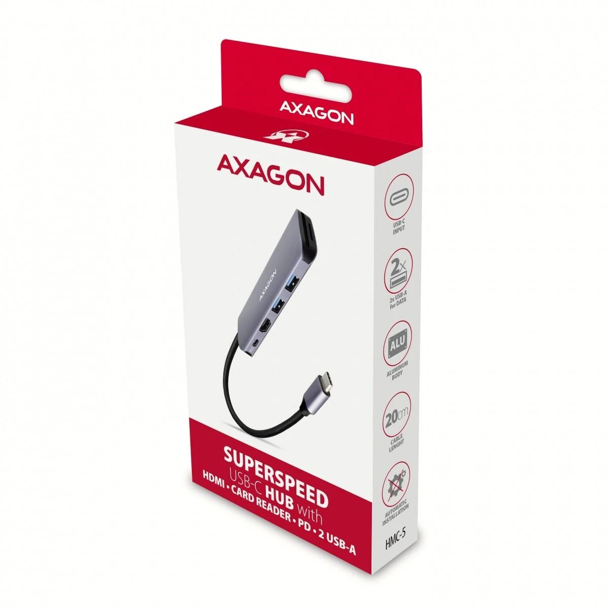 Axagon Multiport USB 3.2 Gen 1 šakotuvas. HDMI, kortelių skaitytuvas ir maitinimo tiekimas. 20 cm USB-C laidas.