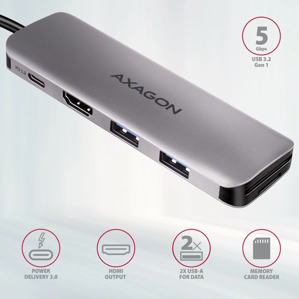 Axagon Multiport USB 3.2 Gen 1 šakotuvas. HDMI, kortelių skaitytuvas ir maitinimo tiekimas. 20 cm USB-C laidas.