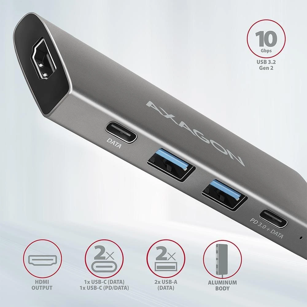 AXAGON | USB-C 10Gbps SPEEDSTER 5in1 šakotuvas (2.0 versija) | HMC-5G2 | HDMI jungtys kiekis: 1