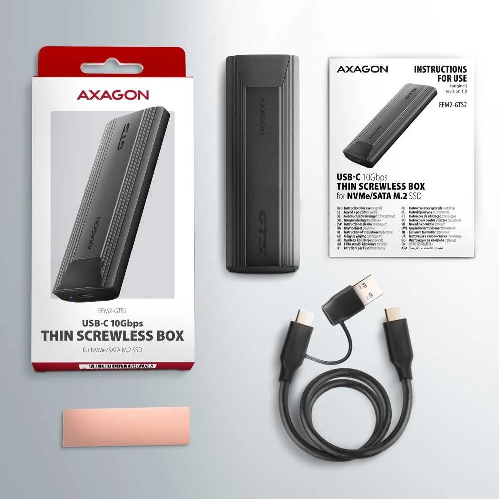 „AXAGON USB-C 10Gbps“ – M.2 NVMe ir SATA SSD plona dėžutė be atsuktuvų | EEM2-GTS2