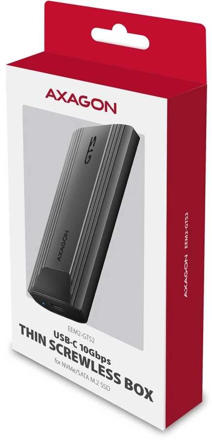 „AXAGON USB-C 10Gbps“ – M.2 NVMe ir SATA SSD plona dėžutė be atsuktuvų | EEM2-GTS2
