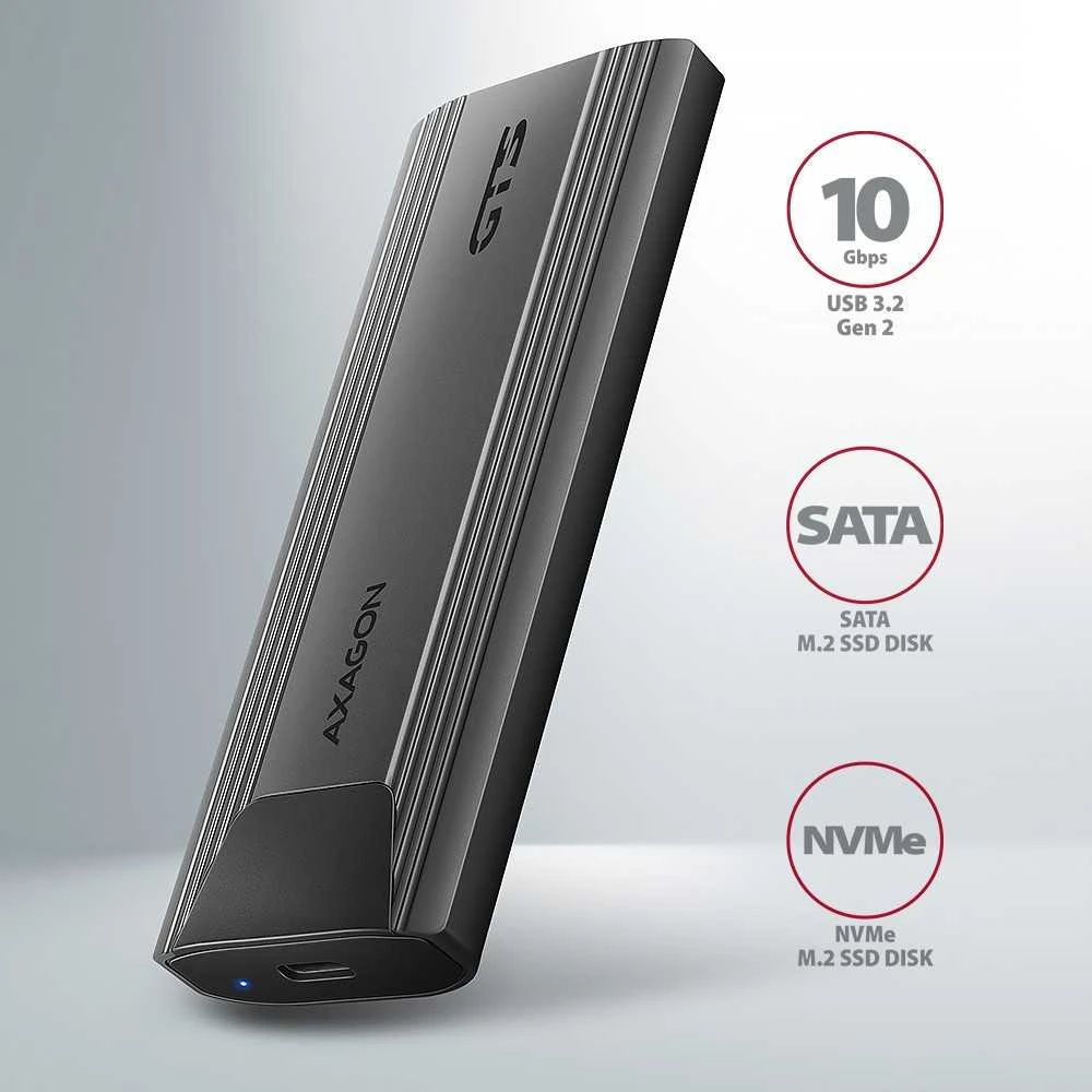 „AXAGON USB-C 10Gbps“ – M.2 NVMe ir SATA SSD plona dėžutė be atsuktuvų | EEM2-GTS2