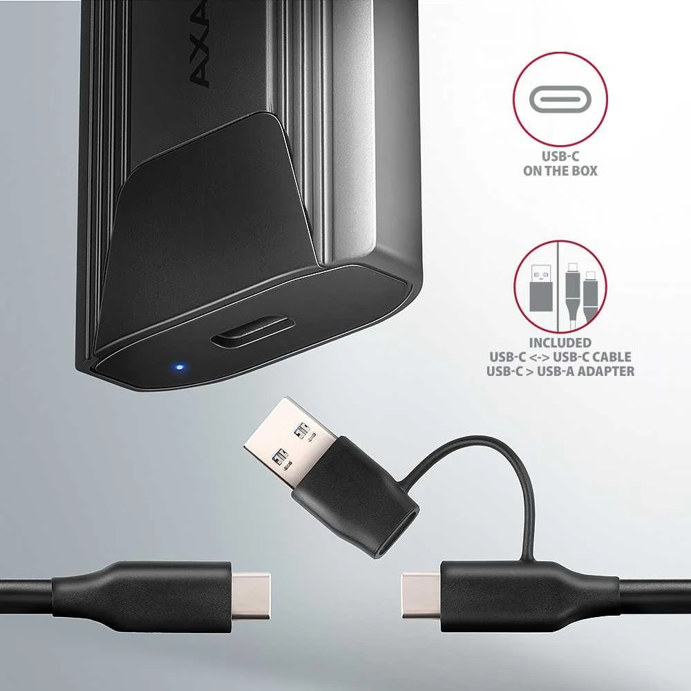 „AXAGON USB-C 10Gbps“ – M.2 NVMe ir SATA SSD plona dėžutė be atsuktuvų | EEM2-GTS2