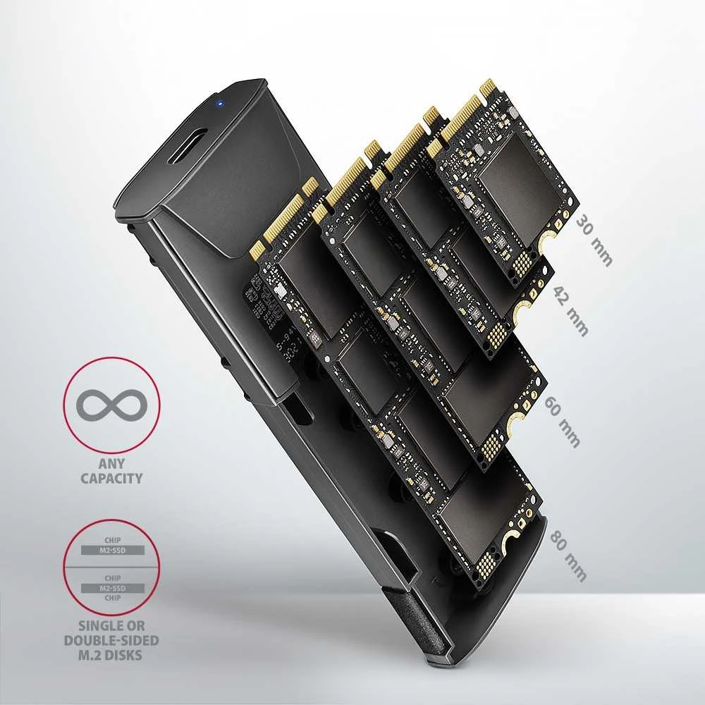 AXAGON SSD dėžutė su M.2 diskų dydžių suderinamumu