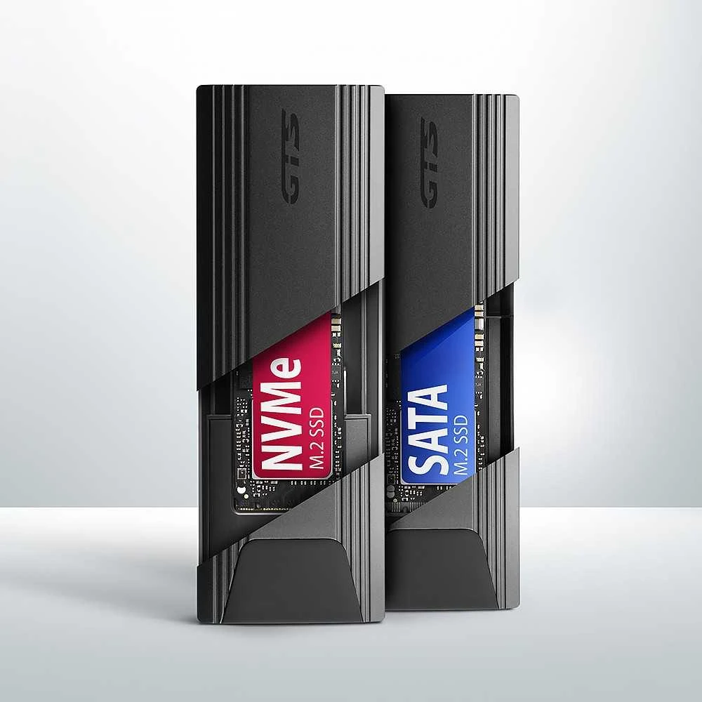 „AXAGON USB-C 10Gbps“ – M.2 NVMe ir SATA SSD plona dėžutė be atsuktuvų | EEM2-GTS2