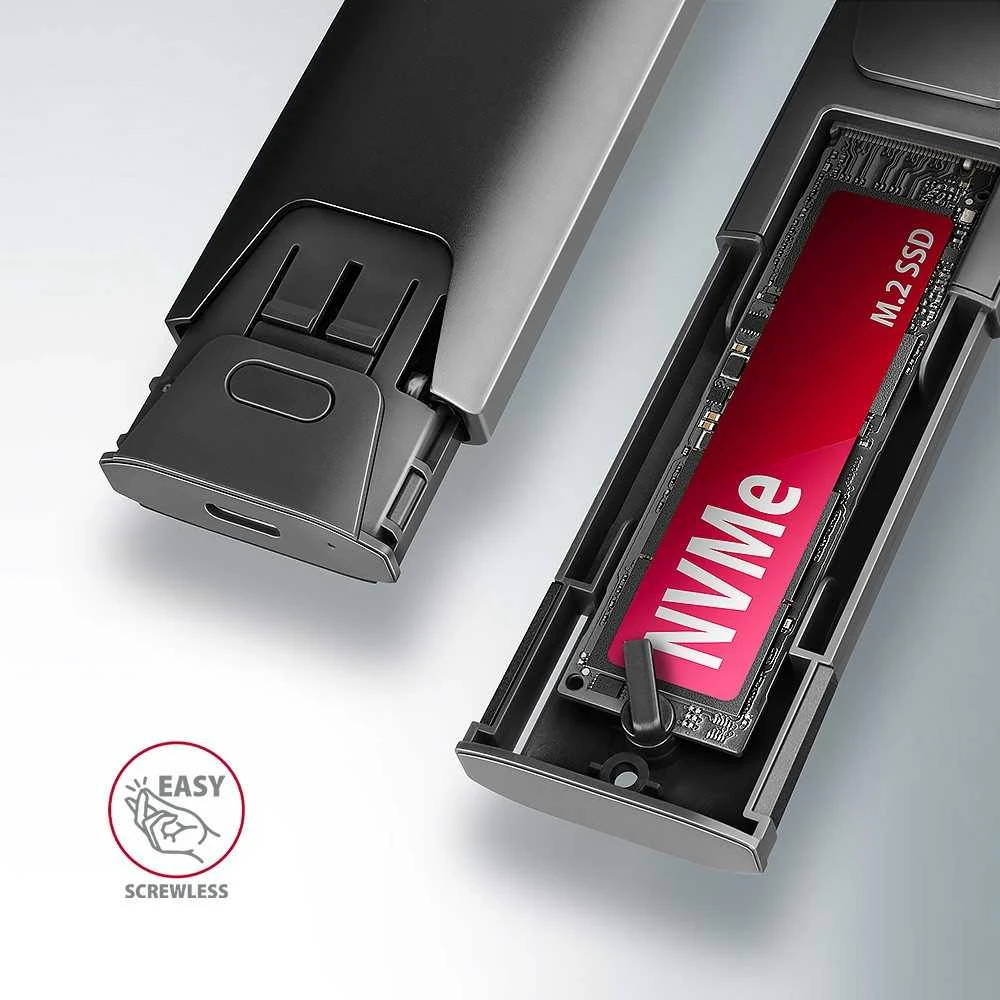 „AXAGON USB-C 10Gbps“ – M.2 NVMe ir SATA SSD plona dėžutė be atsuktuvų | EEM2-GTS2
