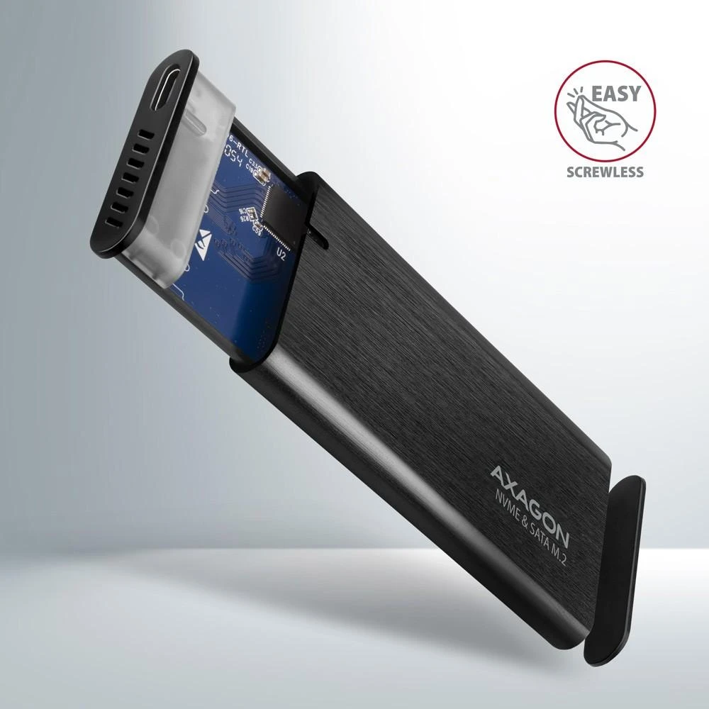 Axagon išorinė USB-C 3.2 Gen 2 metalinė dėžutė M.2 NVMe ir SATA SSD diskams. Be varžtų.