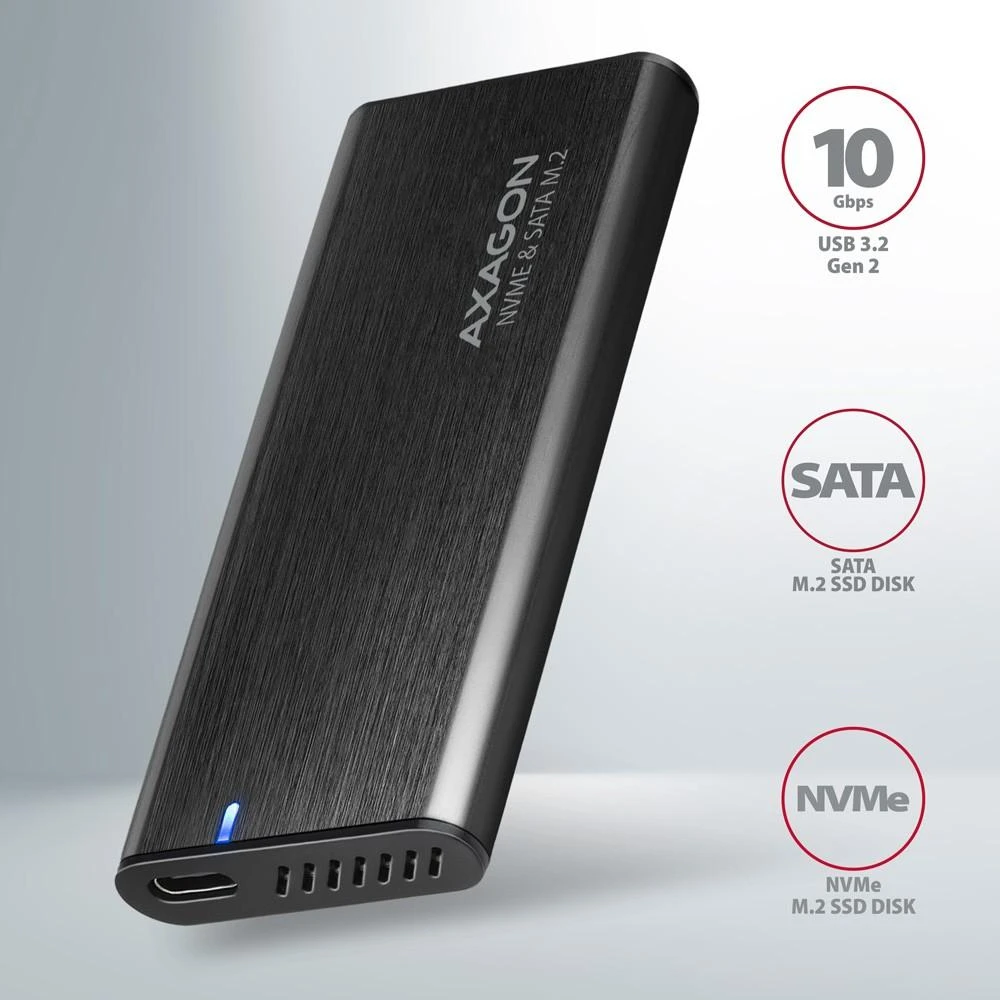 Axagon išorinė USB-C 3.2 Gen 2 metalinė dėžutė M.2 NVMe ir SATA SSD diskams. Be varžtų.