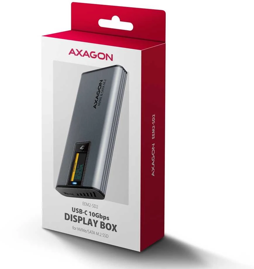 „AXAGON“ išorinė metalinė dėžutė su USB-C 10 Gbps prievadu ir informaciniu ekranu, skirta M.2 NVMe ir SATA SSD diskams | EEM2-SD2