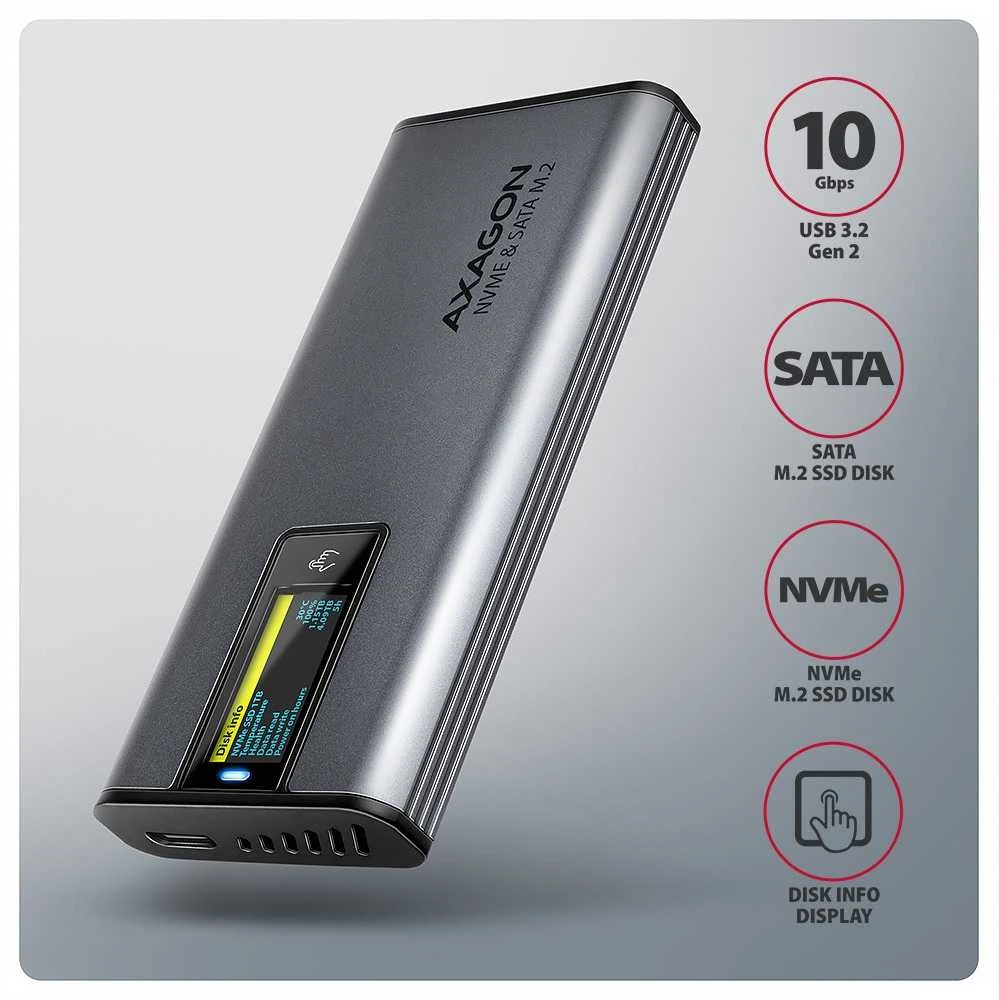 „AXAGON“ išorinė metalinė dėžutė su USB-C 10 Gbps prievadu ir informaciniu ekranu, skirta M.2 NVMe ir SATA SSD diskams | EEM2-SD2