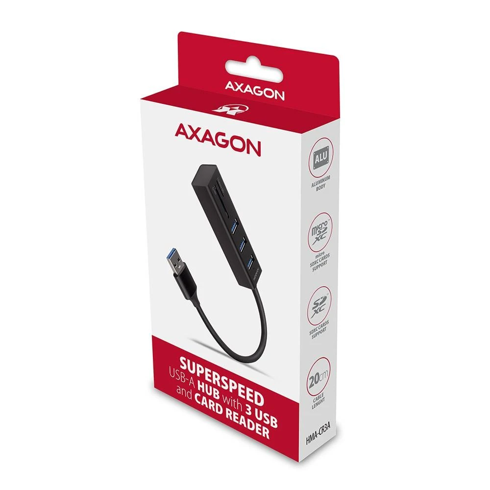 AXAGON SuperSpeed USB-A šakotuvas ir kortelių skaitytuvas | HMA-CR3A