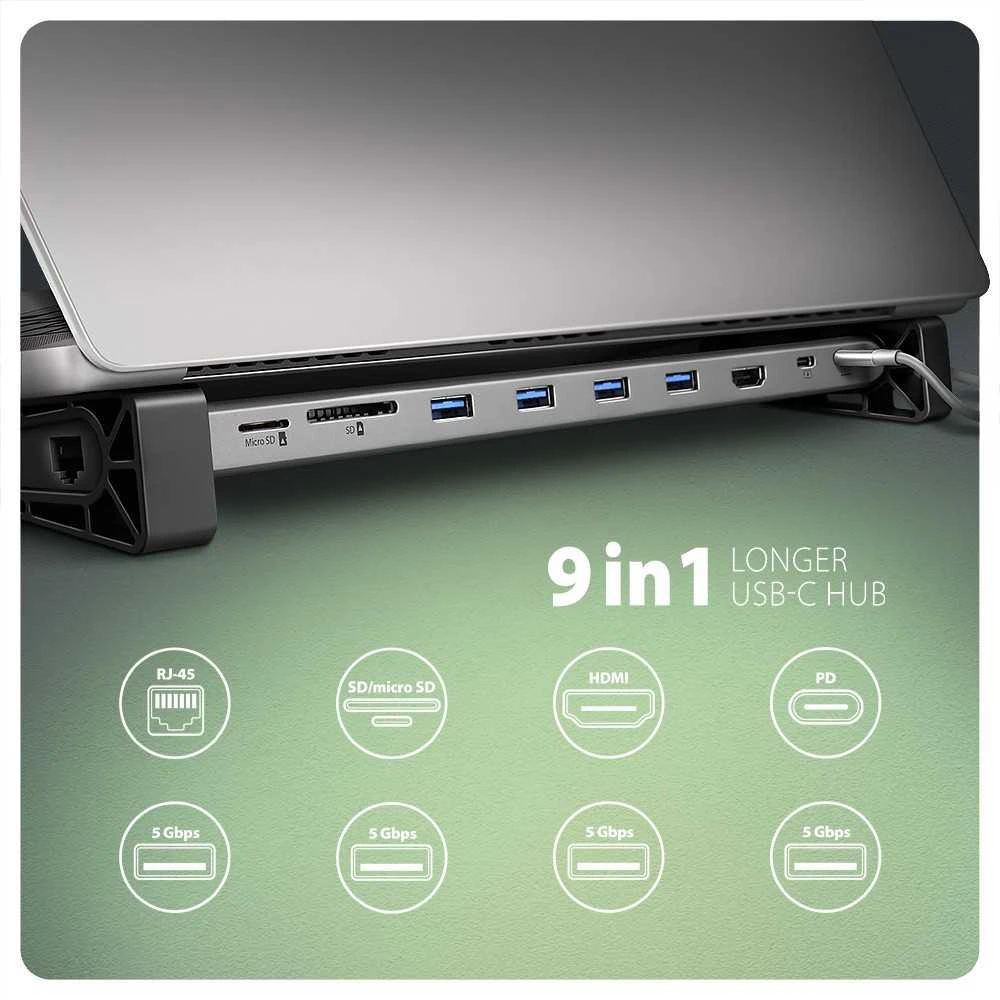 „AXAGON USB-C 5Gbps LONGE 9in1“ šakotuvas | HMC-10HLS