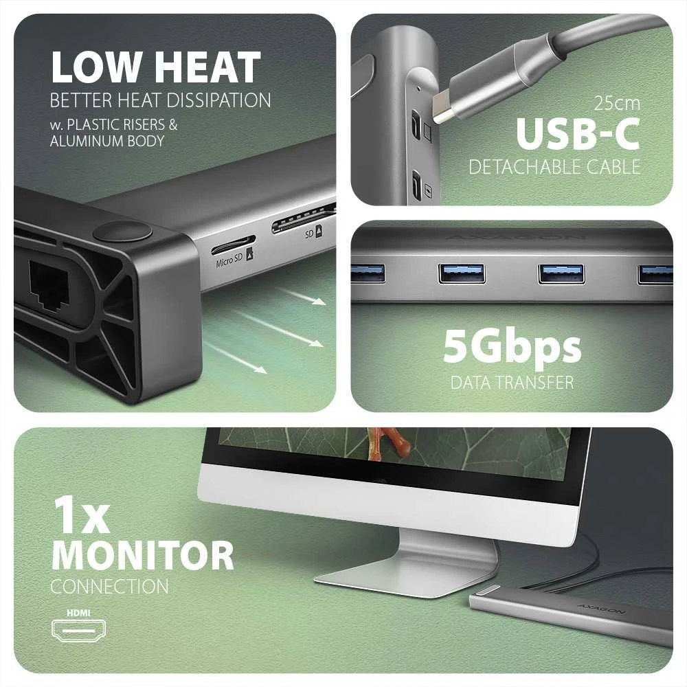 „AXAGON USB-C 5Gbps LONGE 9in1“ šakotuvas | HMC-10HLS