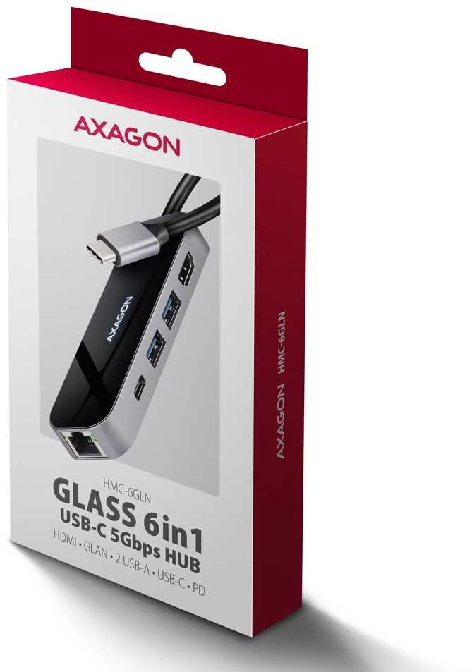 AXAGON HMC-6GLN 2x USB-A 5Gbps, 1x USB-C 5Gbps, 4K/60Hz HDMI, RJ-45, USB 3.2 Gen 1 šakotuvas, PD 100W, 20 cm USB-C laidas