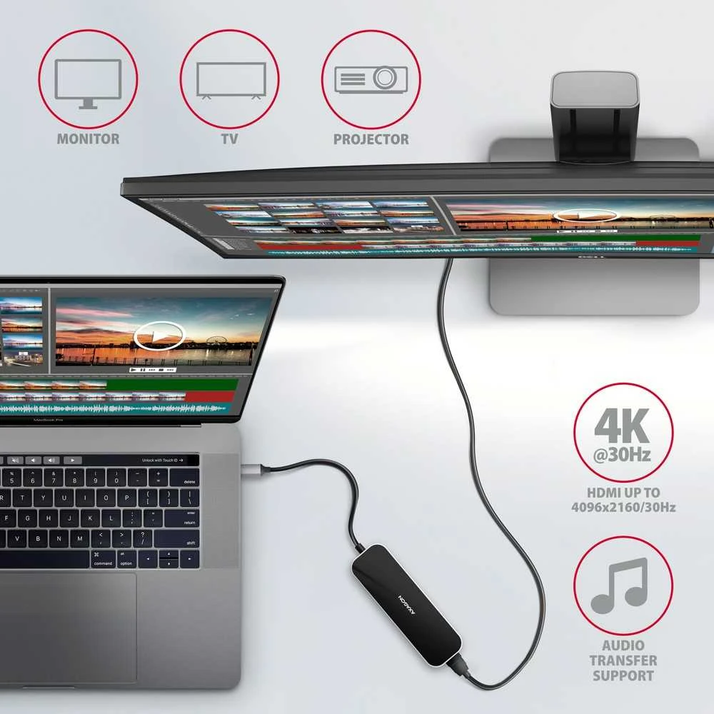 Axagon kelių prievadų USB 3.2 Gen 1 šakotuvas. HDMI, keturi USB-A išėjimai ir maitinimo tiekimas. Kabelis USB-C 20cm.