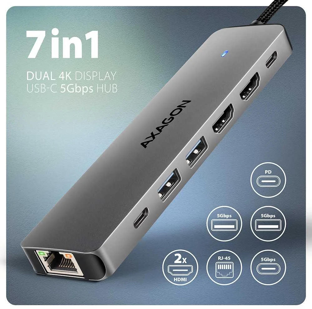 AXAGON HMC-7HX2 USB-C 3.2 Gen 1 šakotuvas, 2x USB-A + 1x USB-C, 2x HDMI 4K 60Hz, GLAN, PD 100W, 15 cm USB-C laidas