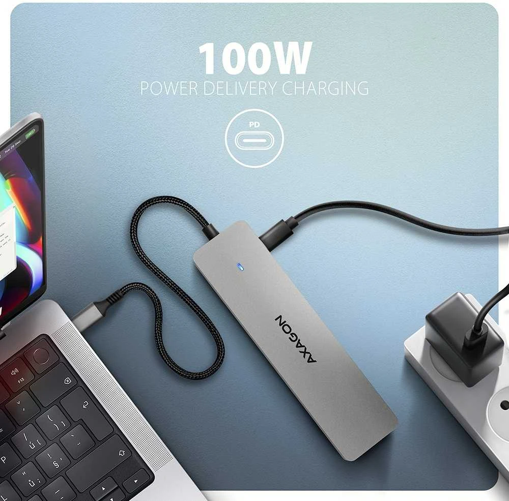 AXAGON HMC-7HX2 USB-C 3.2 Gen 1 šakotuvas, 2x USB-A + 1x USB-C, 2x HDMI 4K 60Hz, GLAN, PD 100W, 15 cm USB-C laidas
