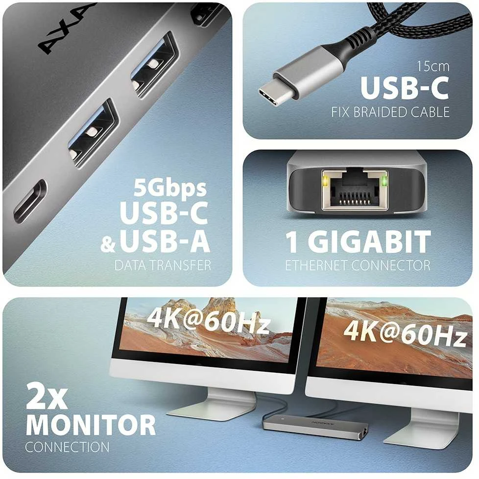 AXAGON HMC-7HX2 USB-C 3.2 Gen 1 šakotuvas, 2x USB-A + 1x USB-C, 2x HDMI 4K 60Hz, GLAN, PD 100W, 15 cm USB-C laidas