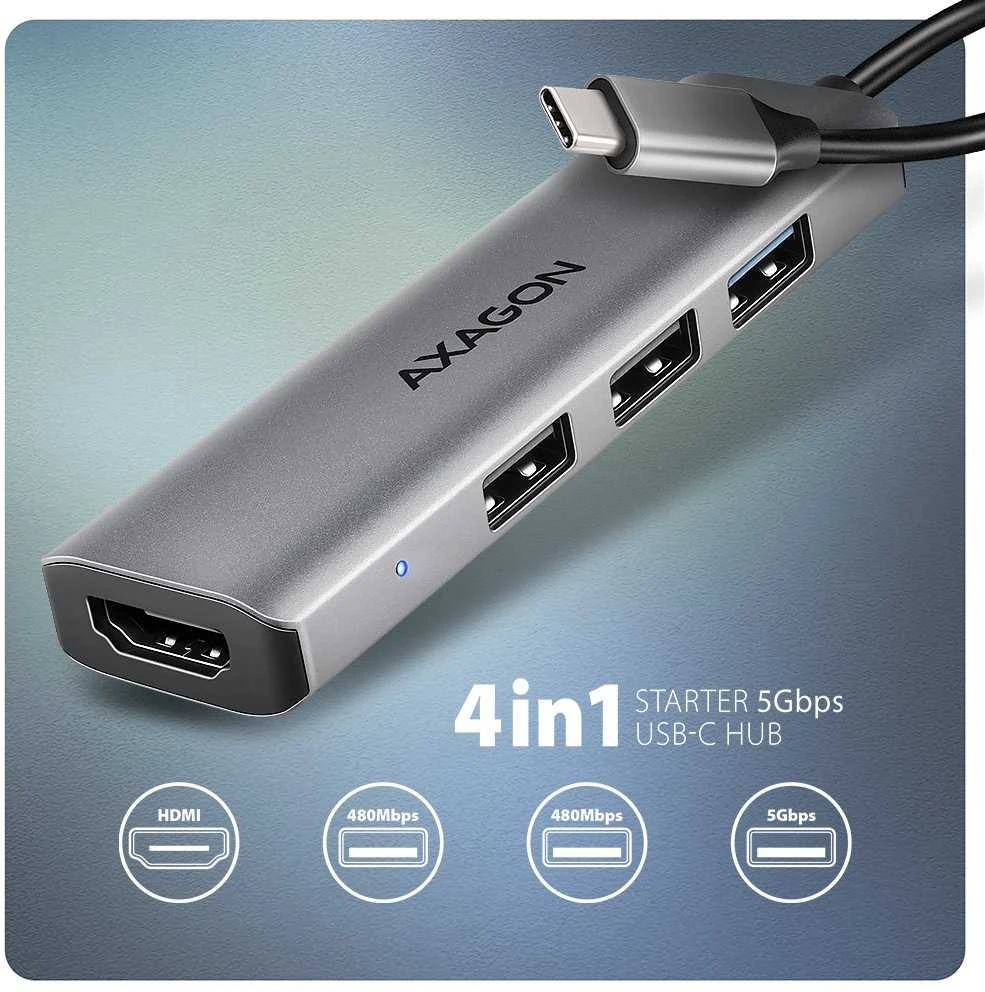 AXAGON HMC-H3A 3x USB-A (2x USB2.0, 1x USB3.0) + HDMI 4K 30Hz, 3.2 Gen 1 šakotuvas, metalinis, 15 cm USB-C laidas