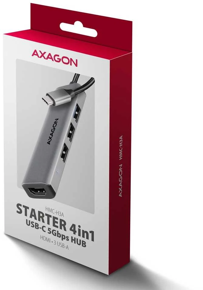 AXAGON HMC-H3A 3x USB-A (2x USB2.0, 1x USB3.0) + HDMI 4K 30Hz, 3.2 Gen 1 šakotuvas, metalinis, 15 cm USB-C laidas