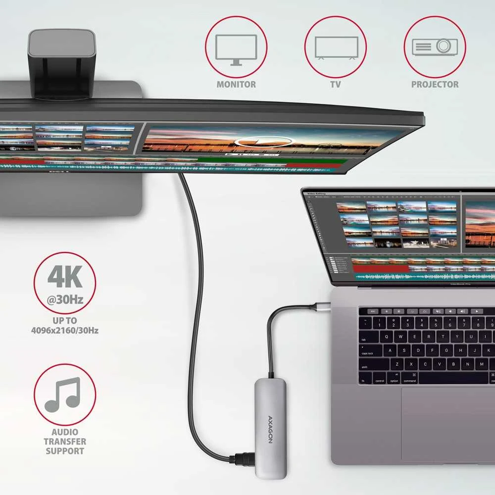 Axagon kelių prievadų USB 3.2 Gen 1 šakotuvas. HDMI, kortelių skaitytuvas ir trys USB-A išėjimai. USB-C laidas 20 cm.