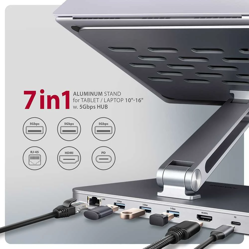 AXAGON HMC-STND ALU stovas su 5 Gbps šakotuvu, skirtas 10–16 colių nešiojamiesiems kompiuteriams, reguliuojamas, 3x USB-A, HDMI 4K/60Hz, GLAN, PD 100 W, USB-C įvestis