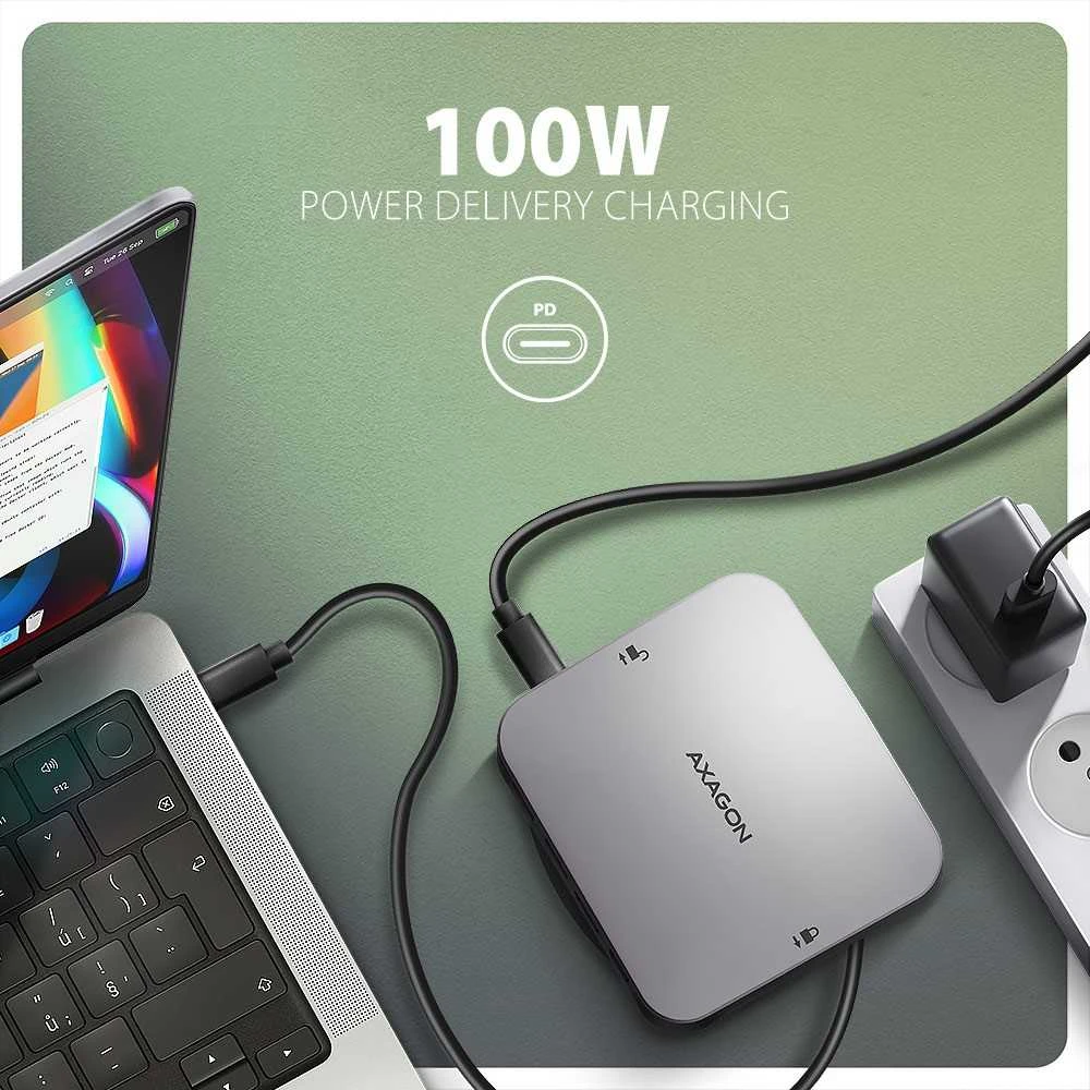 AXAGON HMC-UFO USB 10Gbps šakotuvas, 2x USB-A, USB-C, HDMI 4k/60, RJ-45, M.2, SD/mSD, garso jungtis, PD