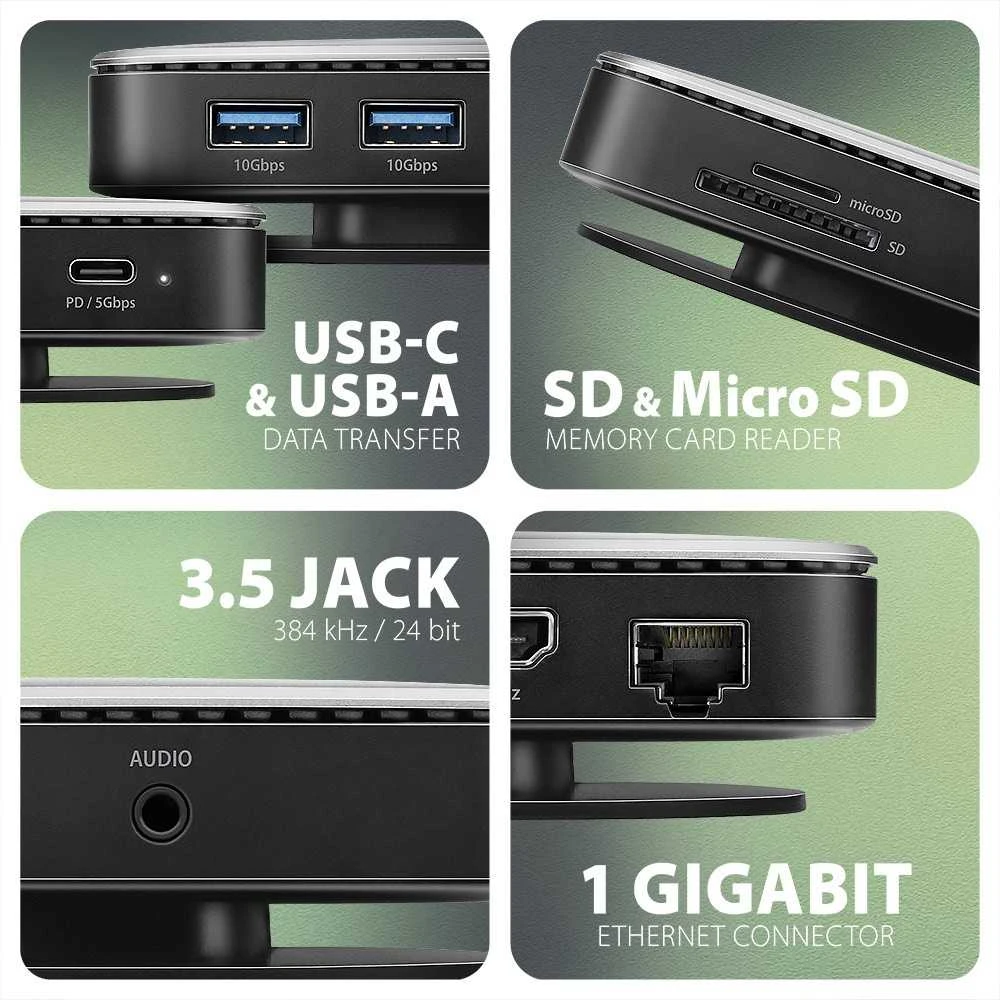AXAGON HMC-UFO USB 10Gbps šakotuvas, 2x USB-A, USB-C, HDMI 4k/60, RJ-45, M.2, SD/mSD, garso jungtis, PD
