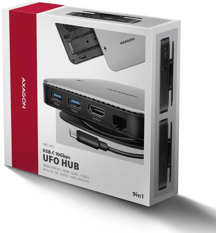 AXAGON HMC-UFO USB 10Gbps šakotuvas, 2x USB-A, USB-C, HDMI 4k/60, RJ-45, M.2, SD/mSD, garso jungtis, PD