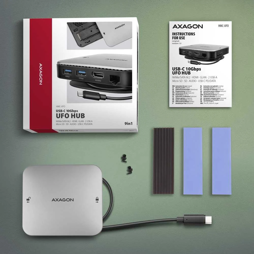 AXAGON HMC-UFO USB 10Gbps šakotuvas, 2x USB-A, USB-C, HDMI 4k/60, RJ-45, M.2, SD/mSD, garso jungtis, PD