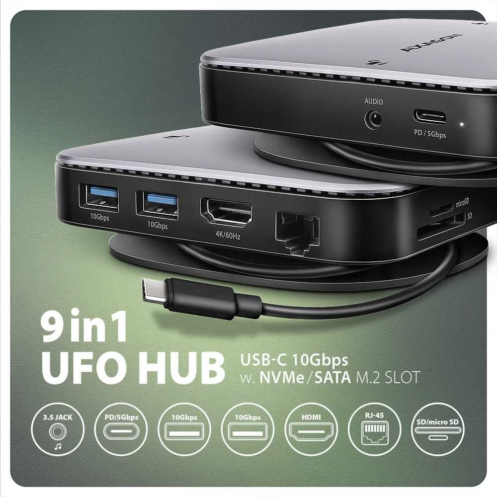 AXAGON HMC-UFO USB 10Gbps šakotuvas, 2x USB-A, USB-C, HDMI 4k/60, RJ-45, M.2, SD/mSD, garso jungtis, PD